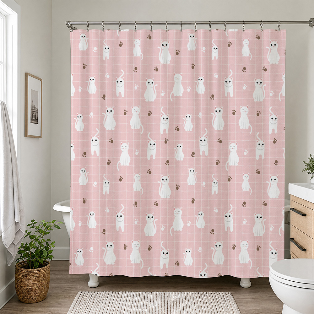 Adorable Home Bathroom Ideas - Cute Cat Pattern Waterproof Shower Curtain