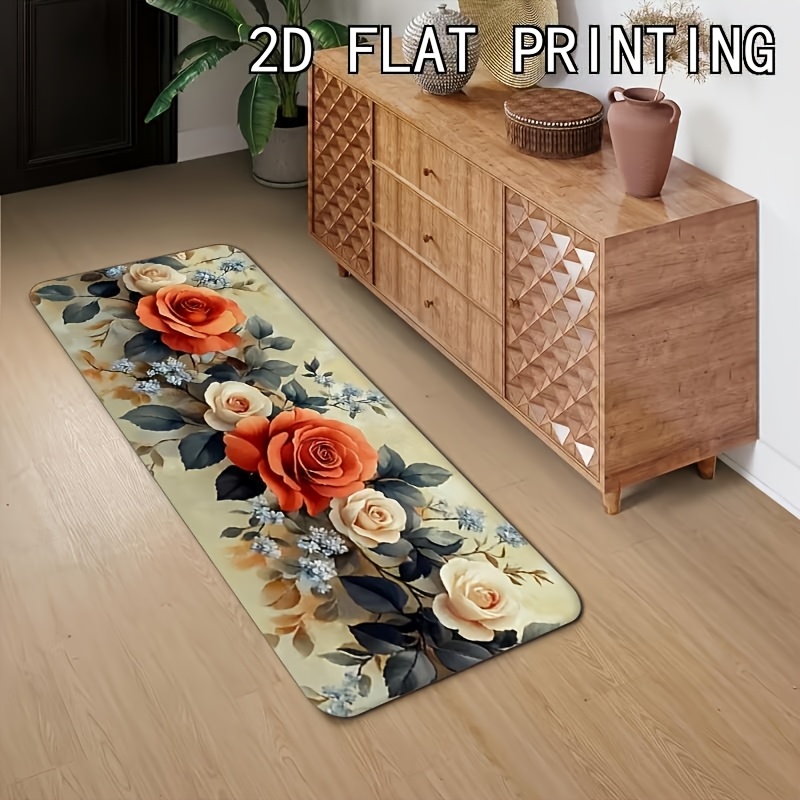 Tiny Home Bathroom Kitchen - Cream Background Orange White Rose Runner