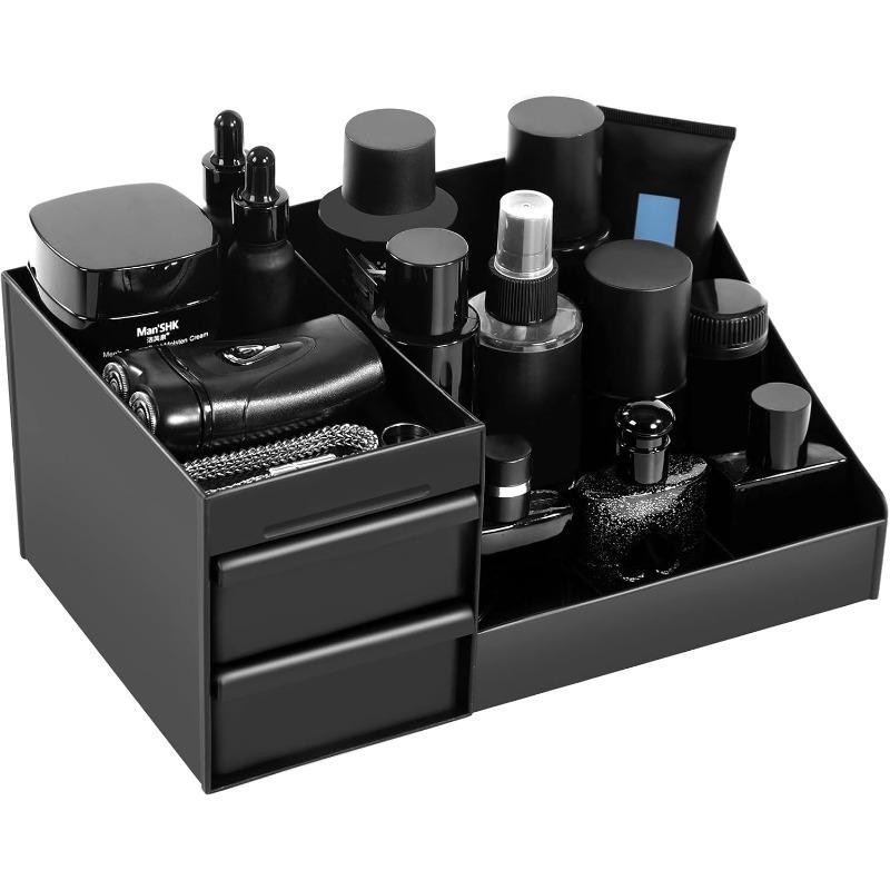 Bath Caddy Tray - Black Skincare Organizer with Drawers Large